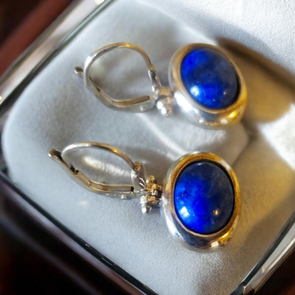Vintage 925 Sterling Silver SU Lapis Lazuli Earrings Signed